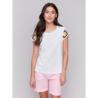 Charlie B- Crochet Cap Sleeve Crew Neck- White . Charlie B Style: C1374PK-75B-002