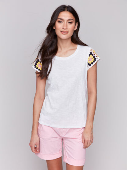 Charlie B- Crochet Cap Sleeve Crew Neck- White . Charlie B Style: C1374PK-75B-002