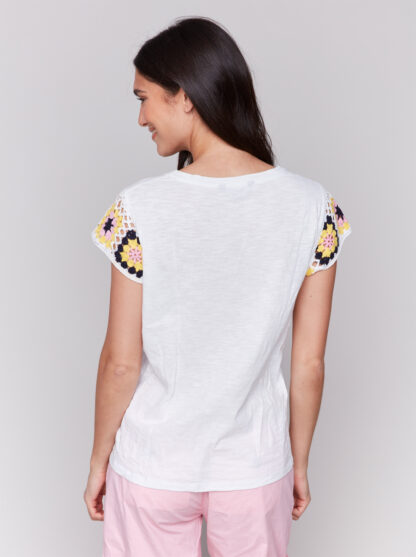 Charlie B- Crochet Cap Sleeve Crew Neck- White . Charlie B Style: C1374PK-75B-002 Back