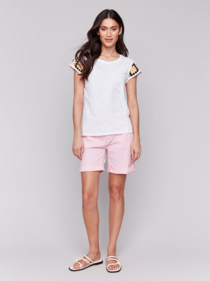 Charlie B- Crochet Cap Sleeve Crew Neck- White . Charlie B Style: C1374PK-75B-002