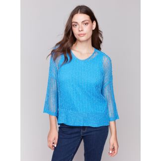 Charlie B- Fishnet Sweater- Lagoon . Charlie B Style: C2326Y-029B-057