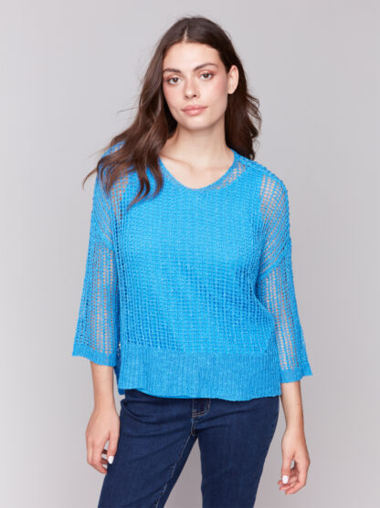 Charlie B- Fishnet Sweater- Lagoon . Charlie B Style: C2326Y-029B-057