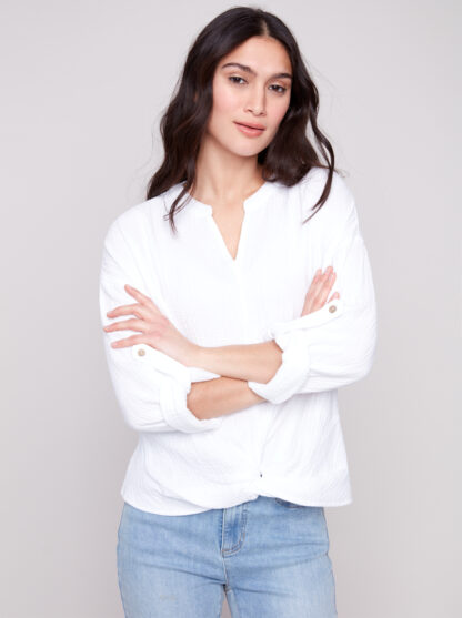 Charlie B- Top with Twist at Front- White .  Charlie B Style: C4495R-050C-002