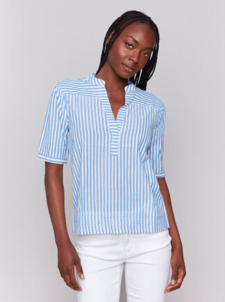 Charlie B- Printed Popover Blouse- Denim . Charlie B Style: C4569P-143C-P006