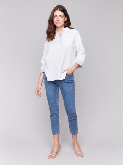 Charlie B- Drop Shoulder 3/4 Roll up Sleeve Shirt- White . Charlie B Style: C4587-256C-002