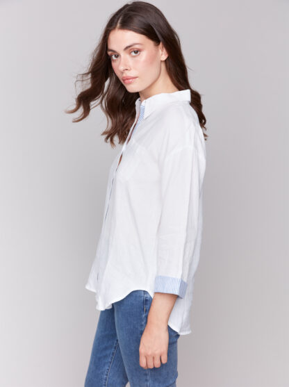 Charlie B- Drop Shoulder 3/4 Roll up Sleeve Shirt- White . Charlie B Style: C4587-256C-002 Side