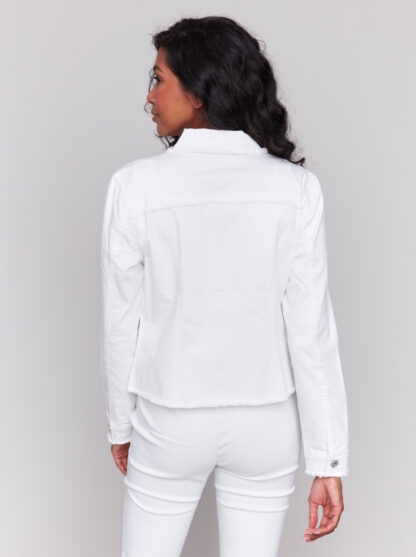 Charlie B- Fringe Denim Jacket- White . Charlie B Style: C6233X-618A-002 . Back