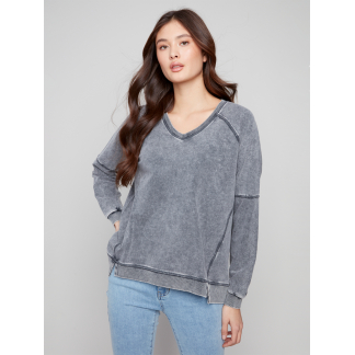Charlie B French Terry Top- Charcoal . Charlie B Style: C1407-377C-038 Front
