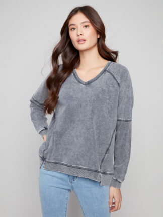 Charlie B French Terry Top- Charcoal . Charlie B Style: C1407-377C-038 Front