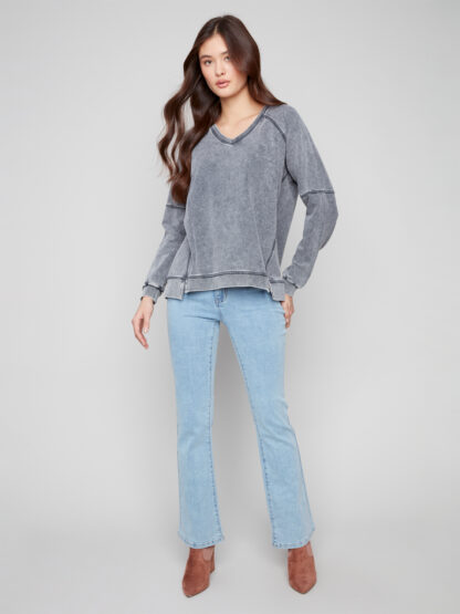 Charlie B French Terry Top- Charcoal . Charlie B Style: C1407-377C-038