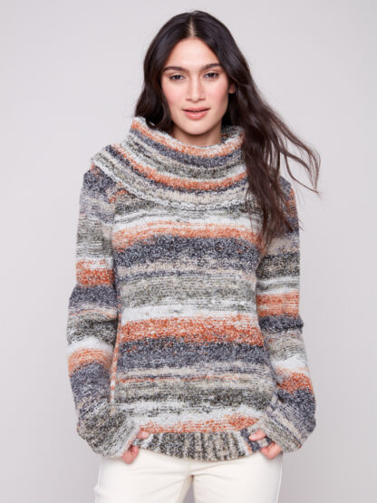 Charlie B Cowl Neck Cable Sweater- Autumn . Charlie B Style: C2316-423C-803 Front