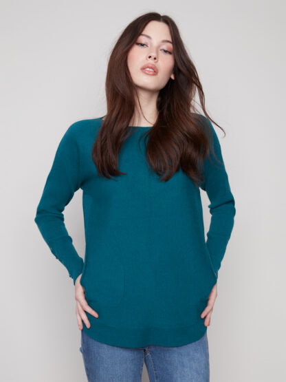 Charlie B Round Hem Sweater- Evergreen . Charlie B Style: C2380Y-464A-891