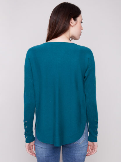 Charlie B Round Hem Sweater- Evergreen . Charlie B Style: C2380Y-464A-891 Back