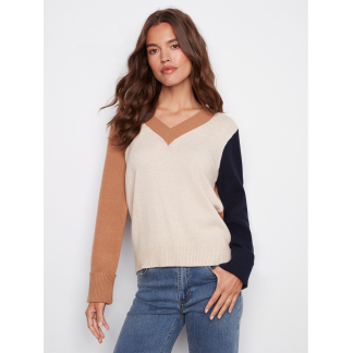 Charlie B Color block V-Neck Sweater- Truffle . Charlie B Style: C2853-736A-P610