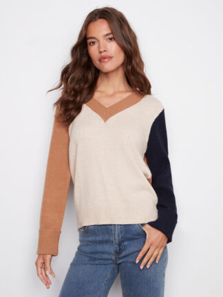 Charlie B Color block V-Neck Sweater- Truffle . Charlie B Style: C2853-736A-P610