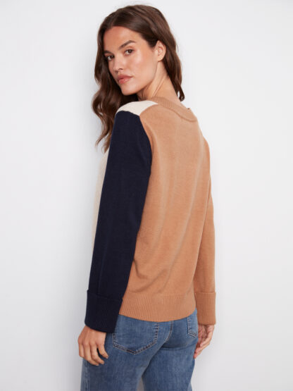 Charlie B Color block V-Neck Sweater- Truffle . Charlie B Style: C2853-736A-P610 Side