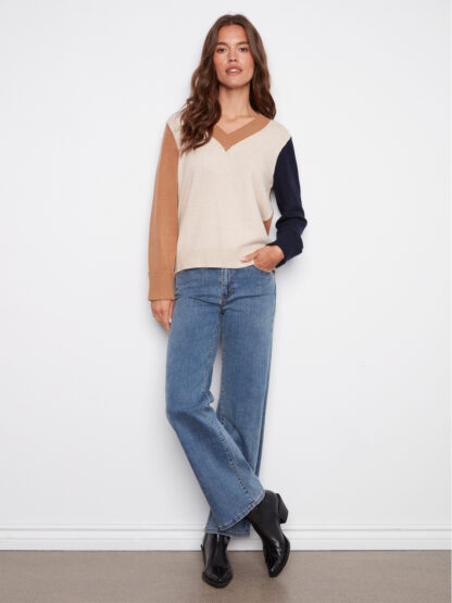 Charlie B Color block V-Neck Sweater- Truffle . Charlie B Style: C2853-736A-P610 all