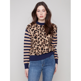 Charlie B Crew Neck Jacquard Sweater- Leopard . Charlie B Style: C2877-974A-P916 Front