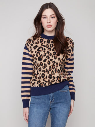 Charlie B Crew Neck Jacquard Sweater- Leopard . Charlie B Style: C2877-974A-P916 Front