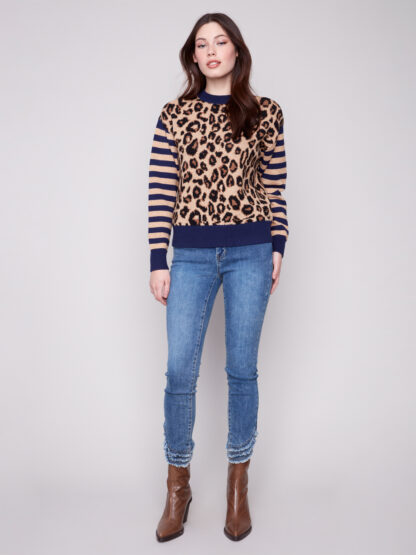 Charlie B Crew Neck Jacquard Sweater- Leopard . Charlie B Style: C2877-974A-P916