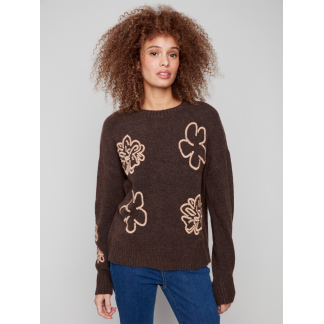 Charlie B Embroidered Crew Neck Sweater- Heather Brown . Charlie B Style: C2886-018C-968 Front