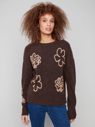 Charlie B Embroidered Crew Neck Sweater- Heather Brown . Charlie B Style: C2886-018C-968 Front