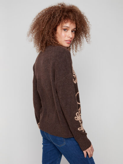 Charlie B Embroidered Crew Neck Sweater- Heather Brown . Charlie B Style: C2886-018C-968 Back