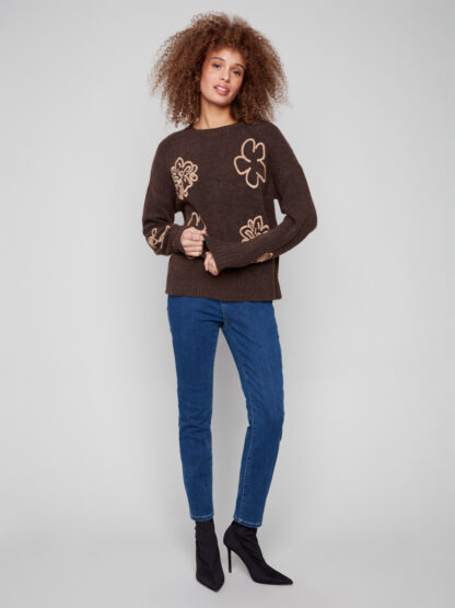 Charlie B Embroidered Crew Neck Sweater- Heather Brown . Charlie B Style: C2886-018C-968