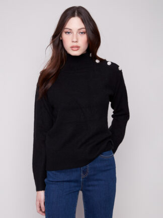 Charlie B Mock Sweater with Button Detail- Black . Charlie B Style: C2888-018C-001