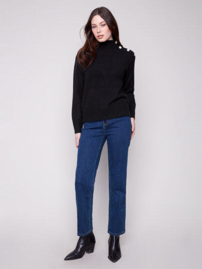 Charlie B Mock Sweater with Button Detail- Black . Charlie B Style: C2888-018C-001