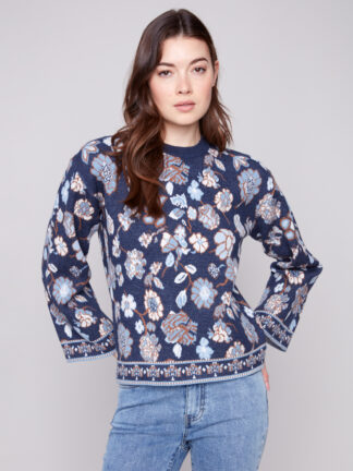 Charlie B Jacquard Sweater- Floral . Charlie B Style: C2905-974A-P255 . Front