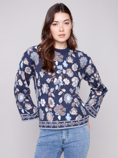 Charlie B Jacquard Sweater- Floral . Charlie B Style: C2905-974A-P255 . Front