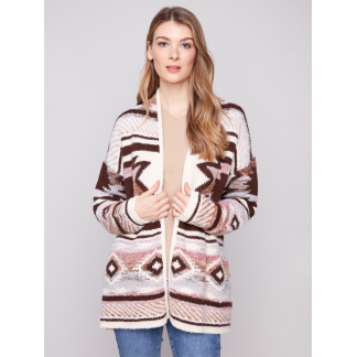 Charlie B Long Jacquard Cardigan w/ Patch Pockets- Rosewood . Charlie B Style: C2934-428C-P090 Front