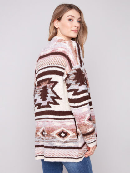 Charlie B Long Jacquard Cardigan w/ Patch Pockets- Rosewood - Image 2