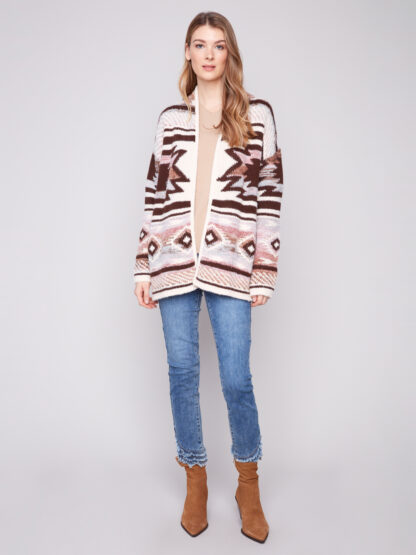 Charlie B Long Jacquard Cardigan w/ Patch Pockets- Rosewood - Image 3