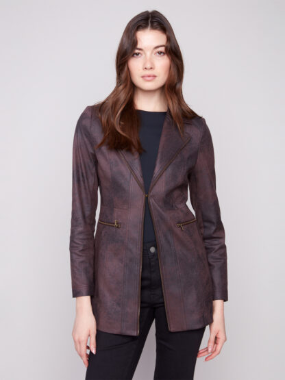 Charlie B Vintage Texture Faux Suede Long Jacket- Mocha . Charlie B Style: C6270RR-869A-212 Front