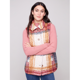 Charlie B Plaid Boucle Knit Vest Jacket- Cabernet . Charlie B Style: C6319R-935B-P667 . Front