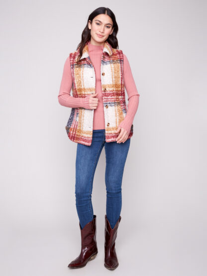 Charlie B Plaid Boucle Knit Vest Jacket- Cabernet . Charlie B Style: C6319R-935B-P667