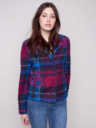 Charlie B Boucle Knit Plaid Short Jacket - Navy . Charlie B Style: C6334R-707B-P117 Front