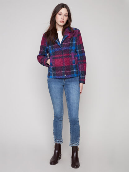 Charlie B Boucle Knit Plaid Short Jacket - Navy . Charlie B Style: C6334R-707B-P117