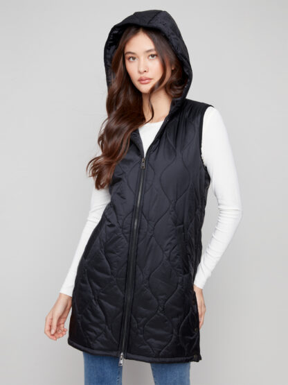 Charlie B Pearlized Long Puffer Vest- Black . Charlie B Style: C6365-135B-001 . Hood Up