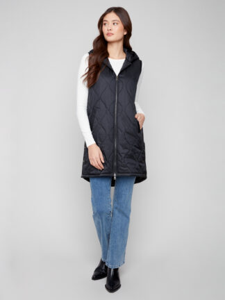 Charlie B Pearlized Long Puffer Vest- Black . Charlie B Style: C6365-135B-001
