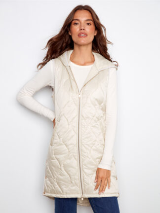 Charlie B Pearlized Long Puffer Vest- Champagne . Charlie B Style: C6365-135B-249 Front