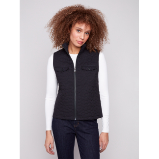 Charlie B Floral Quilted Puffer Vest- Black . Charlie B Style: C6371P-323C-001 Front