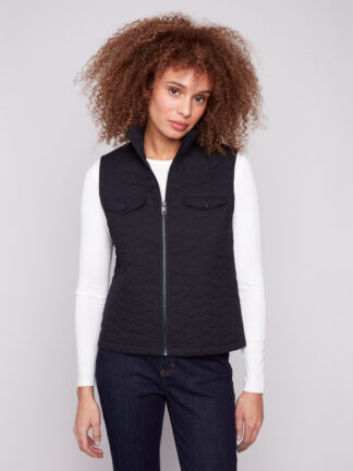 Charlie B Floral Quilted Puffer Vest- Black . Charlie B Style: C6371P-323C-001 Front