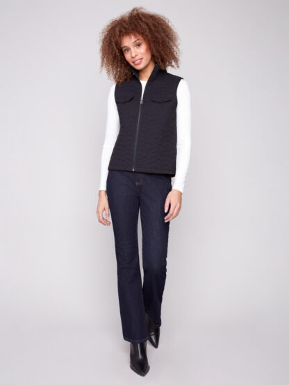 Charlie B Floral Quilted Puffer Vest- Black . Charlie B Style: C6371P-323C-001
