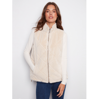 Charlie B Reversible Faux Fur Vest- Greige . Charlie B Style: C6374-388B-300 . Front 1