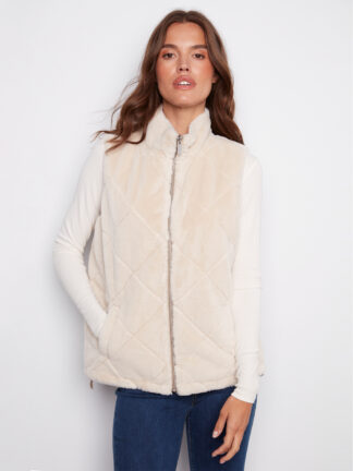 Charlie B Reversible Faux Fur Vest- Greige . Charlie B Style: C6374-388B-300 . Front 1