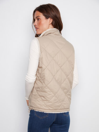 Charlie B Reversible Faux Fur Vest- Greige . Charlie B Style: C6374-388B-300 Back