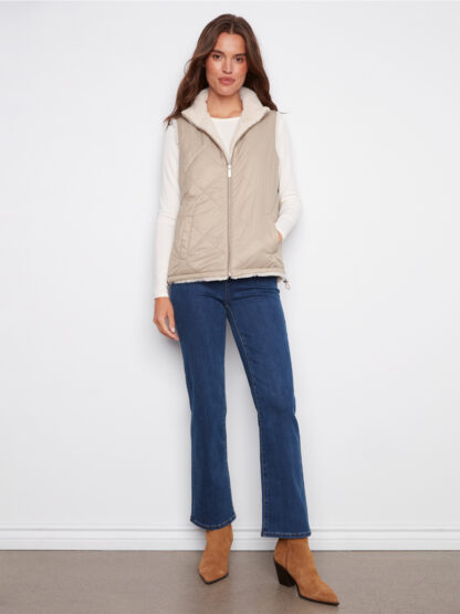 Charlie B Reversible Faux Fur Vest- Greige . Charlie B Style: C6374-388B-300